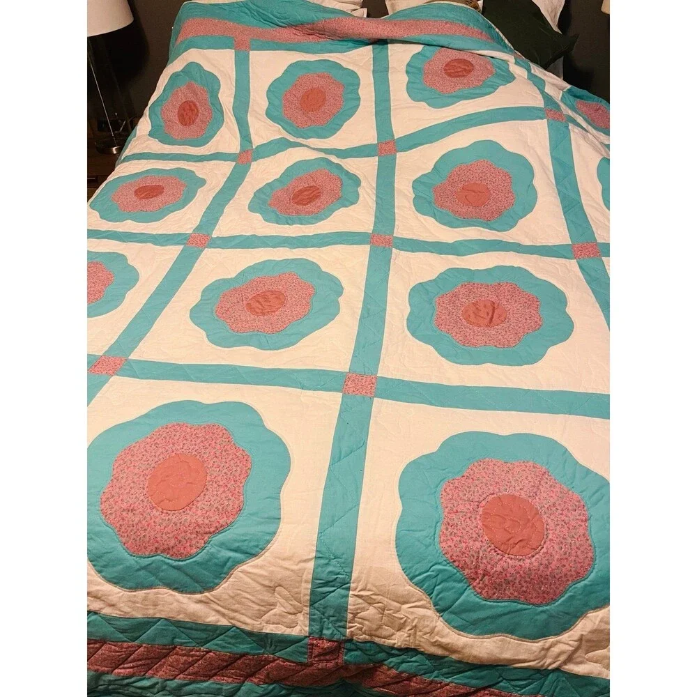 Antique grandmothers flower handmade  quilt pink and teal full queen